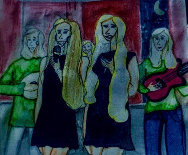 Рисунок под названием "Street concert Lond…" - Benny Sam Wolf, Подлинное произведение искусства, Цветные карандаши