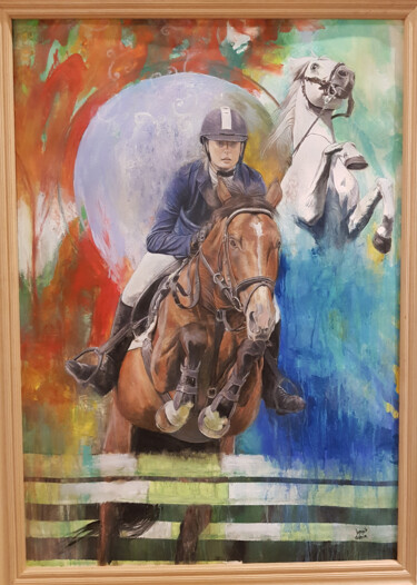 Painting titled "jumping" by Benoit Dabin, Original Artwork, Oil Mounted on Wood Stretcher frame