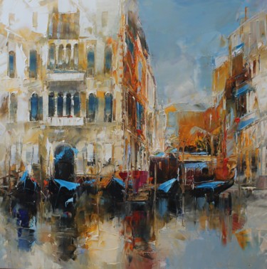 Painting titled "les gondoles à quai" by Benoit Havard, Original Artwork, Oil