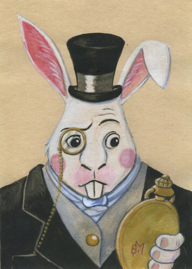 Painting titled "Lapin en retard" by Benoit Meurzec, Original Artwork, Watercolor