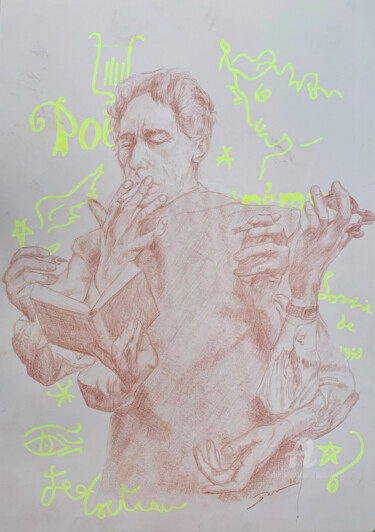 「Portrait de Jean Co…」というタイトルの描画 Benoit Beal (3enoit 3eal)によって, オリジナルのアートワーク, 鉛筆 ウッドストレッチャーフレームにマウント