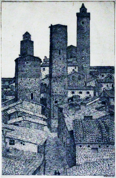 Le due Torri: Garisenda e degli Asinelli Printmaking titled "Le due Torri: Garis…" by Benvenuto Maria Disertori, Original Art, Etching