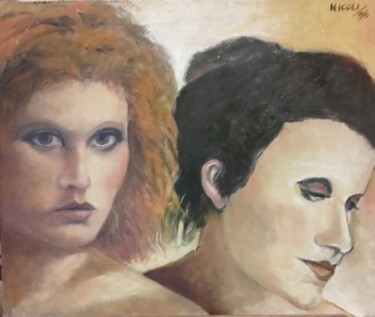 Schilderij getiteld "Le due amiche." door Beppe Nicoli, Origineel Kunstwerk, Olie Gemonteerd op Frame voor houten brancard