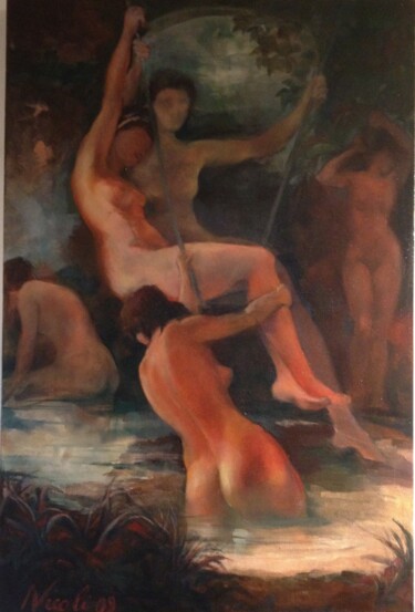 Pittura intitolato "Ninfe al bagno." da Beppe Nicoli, Opera d'arte originale, Olio Montato su artwork_cat.