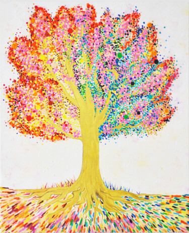 Painting titled "L'Arbre-Lumière" by Bérénice Art, Original Artwork, Acrylic Mounted on Wood Stretcher frame