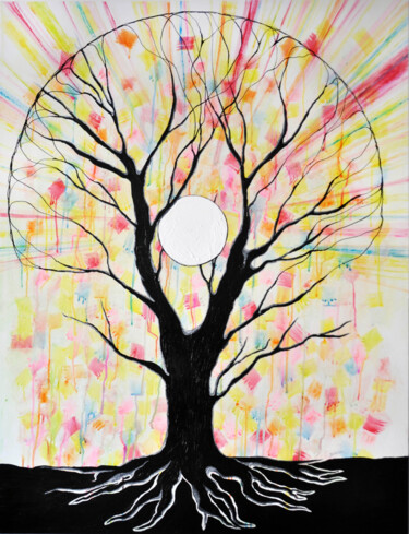 Painting titled "L'Arbre-Crépuscule" by Bérénice Art, Original Artwork, Acrylic Mounted on Wood Stretcher frame