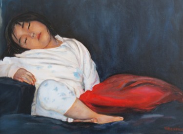 Ζωγραφική με τίτλο "le sommeil de l'enf…" από Bérénice Bertin, Αυθεντικά έργα τέχνης, Λάδι Τοποθετήθηκε στο Ξύλινο φορείο σκ…