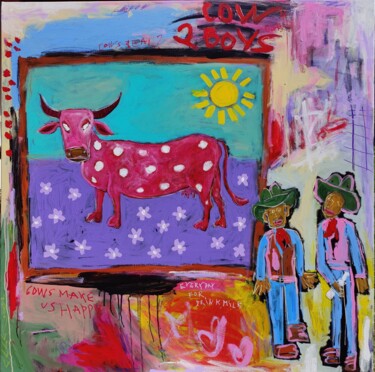 Картина под названием "Red cow and two cow…" - Berez, Подлинное произведение искусства, Акрил