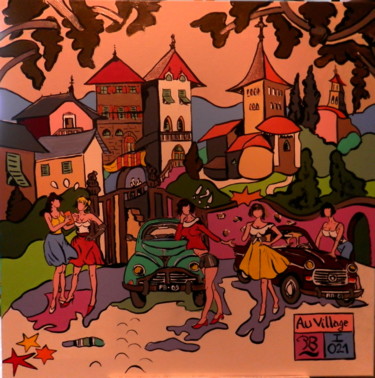 Painting titled "Au Village" by Patrick Bergès, Original Artwork, Acrylic