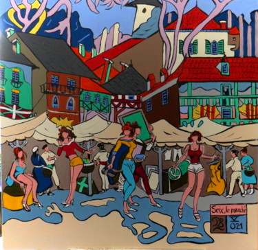 Peinture intitulée ""Seix, le marché"" par Patrick Bergès, Œuvre d'art originale, Acrylique
