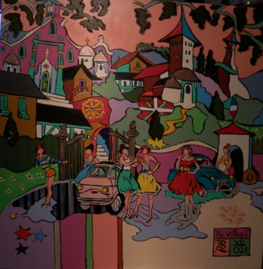 Malerei mit dem Titel "Au village 2" von Patrick Bergès, Original-Kunstwerk, Acryl