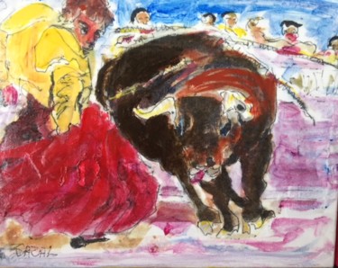 Painting titled "Bravo Toro 1" by Bernadette Cazal, Original Artwork, Watercolor