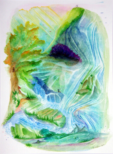 Peinture intitulée "La montagne aux cin…" par Bernadette Dupuis, Œuvre d'art originale, Aquarelle