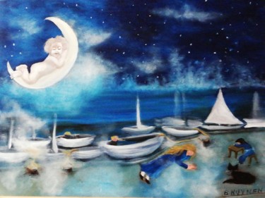 Peinture intitulée "Dans un port endormi" par Bernadette Huynen, Œuvre d'art originale, Huile