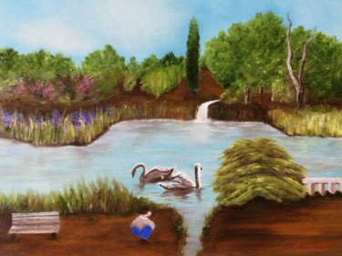 Peinture intitulée "Le lac aux cygnes" par Bernadette Huynen, Œuvre d'art originale, Huile