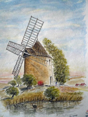 Peinture intitulée "Vieux moulin" par Bernard, Œuvre d'art originale, Huile