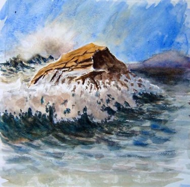 Peinture intitulée "Vague et rocher en…" par Bernard, Œuvre d'art originale, Huile
