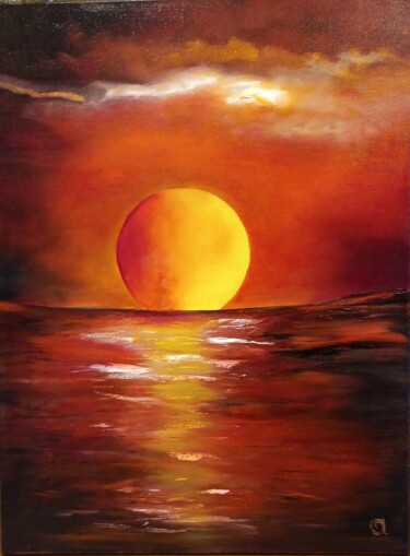 Painting titled "Coucher de soleil" by Bernard Amalric, Original Artwork, Oil Mounted on Wood Stretcher frame