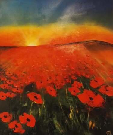 Painting titled "Champ de coquelicots" by Bernard Amalric, Original Artwork, Oil Mounted on Wood Stretcher frame