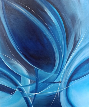 Schilderij getiteld "Vagues bleues" door Bernard Amalric, Origineel Kunstwerk, Olie Gemonteerd op Frame voor houten brancard