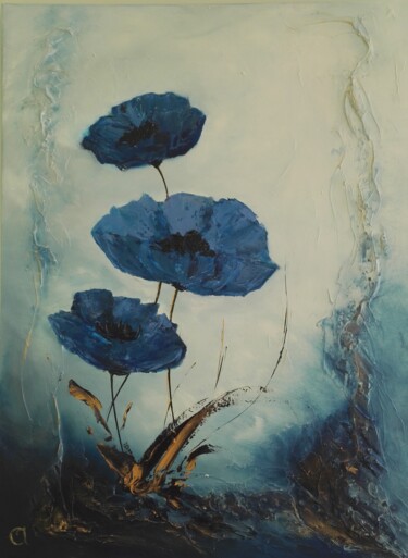 Painting titled "Coquelicots bleus" by Bernard Amalric, Original Artwork, Oil Mounted on Wood Stretcher frame