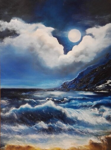 Peinture intitulée "Lune et mer" par Bernard Amalric, Œuvre d'art originale, Huile Monté sur Châssis en bois