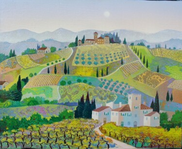 Painting titled "PAESAGGIO TOSCANO" by Bernard Ambielle, Original Artwork, Oil Mounted on Wood Stretcher frame