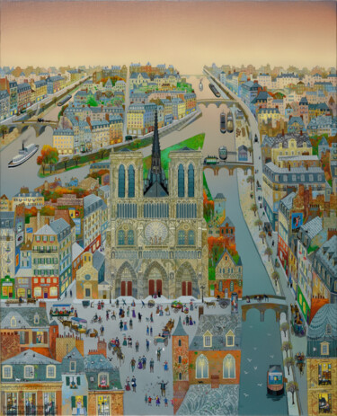 Painting titled "NOTRE DAME" by Bernard Ambielle, Original Artwork, Oil Mounted on Wood Stretcher frame