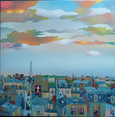 Painting titled "LA ROMANCE DE PARIS…" by Bernard Ambielle, Original Artwork, Oil Mounted on Wood Stretcher frame