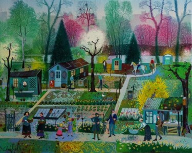 Painting titled "LES JARDINS OUVRIERS" by Bernard Ambielle, Original Artwork, Oil Mounted on Wood Stretcher frame