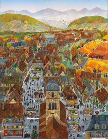 Painting titled "LE VILLAGE VIGNERON" by Bernard Ambielle, Original Artwork, Oil