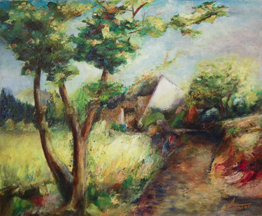 Painting titled "Petit chemin à Fot-…" by Bernard Amiot, Original Artwork, Oil Mounted on Wood Stretcher frame