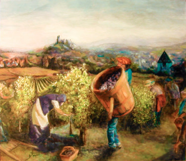 Painting titled "Paysage vigne" by Bernard Amiot, Original Artwork, Oil Mounted on Wood Stretcher frame
