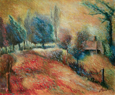 Painting titled "Soirée à Fot-Bihan" by Bernard Amiot, Original Artwork, Oil Mounted on Wood Stretcher frame