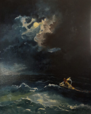 Painting titled "Pêche" by Bernard Benoit, Original Artwork, Oil Mounted on Wood Stretcher frame