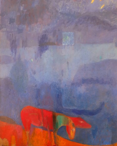 Malerei mit dem Titel "cheval rouge à deux…" von Bernard Bourdeau Planté, Original-Kunstwerk, Öl Auf Keilrahmen aus Holz mon…