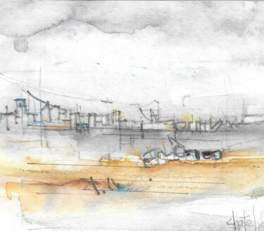 Painting titled "Docks" by Bernard Chatel, Original Artwork, Watercolor Mounted on Wood Panel