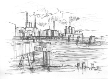 Dibujo titulada "port du Havre 2" por Bernard Chatel, Obra de arte original, Tinta