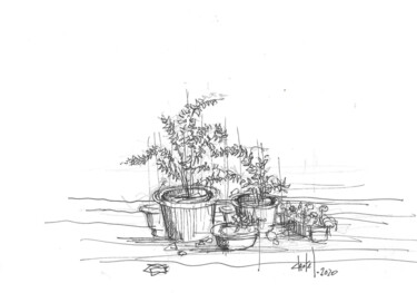 "pots de fleurs au j…" başlıklı Tablo Bernard Chatel tarafından, Orijinal sanat, Mürekkep