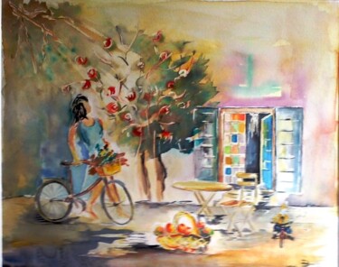 Pintura intitulada "Le vélo" por Bernard Courtalon (courtaloni), Obras de arte originais, Aquarela