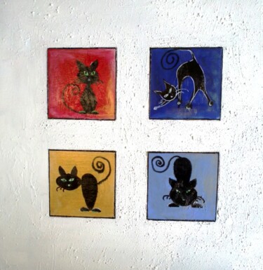 Schilderij getiteld "Les 4 matous" door Bernard Courtalon (courtaloni), Origineel Kunstwerk, Acryl