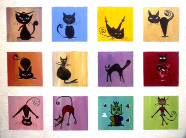 Painting titled "Les douze chats." by Bernard Courtalon (courtaloni), Original Artwork, Acrylic