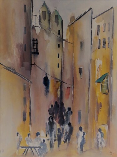 Peinture intitulée "Dans la rue" par Bernard Courtalon (courtaloni), Œuvre d'art originale, Aquarelle
