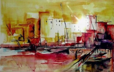 Painting titled "Le port ocre" by Bernard Courtalon (courtaloni), Original Artwork, Oil