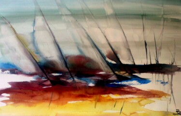 Peinture intitulée "course-a-cinq-50x70…" par Bernard Courtalon (courtaloni), Œuvre d'art originale, Aquarelle