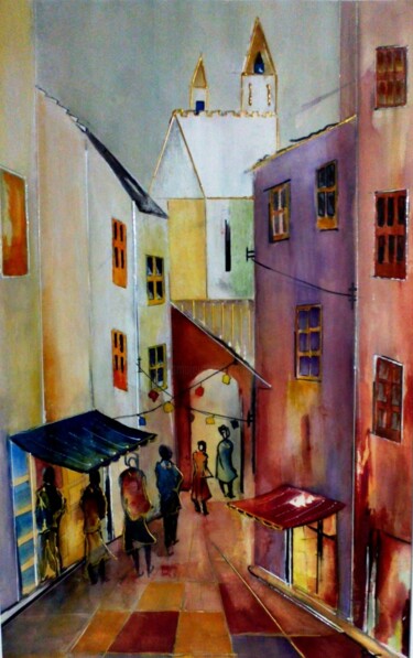 Painting titled "Rue vivante." by Bernard Courtalon (courtaloni), Original Artwork, Watercolor