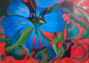 Painting titled "Fleur bleue" by Bernard Daviaud, Original Artwork, Oil