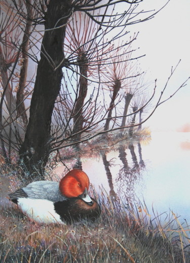 Peinture intitulée "Hiver sur l'étang" par Bernard Domange, Œuvre d'art originale, Acrylique