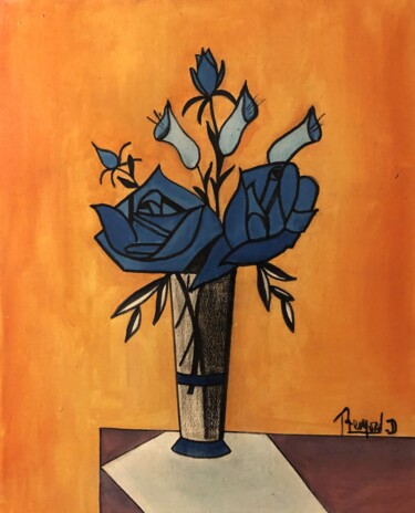 Painting titled "Les Roses Bleues" by Bernard Donnat, Original Artwork, Oil Mounted on Wood Stretcher frame