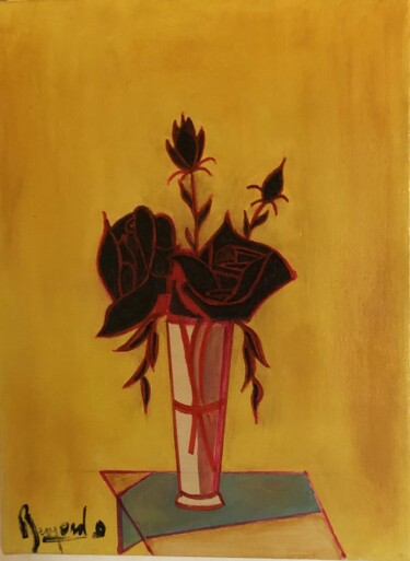 Painting titled "Les Roses Rouges" by Bernard Donnat, Original Artwork, Oil Mounted on Wood Stretcher frame